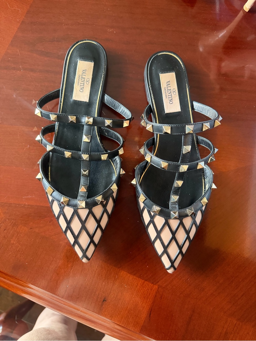 Valentino Black and Nude Pointed Rockstud Lattice Mules